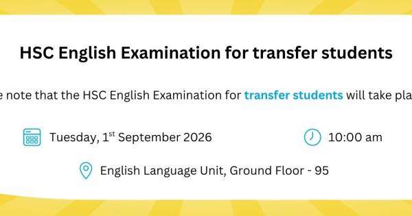 HSC English Examination for transfer students – 1 September 2026 